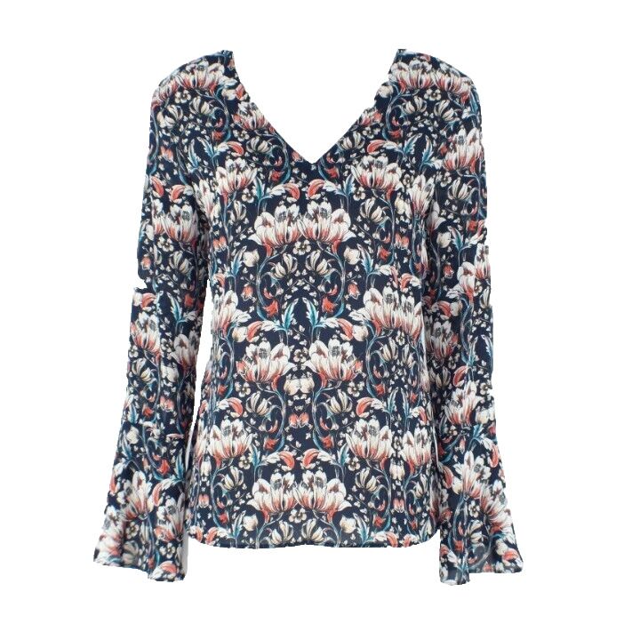 Banana Republic Sz XS Navy Coral Cream Teal Vented Bell Cuff Poly Crepe Top