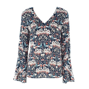 Banana Republic Sz XS Navy Coral Cream Teal Vented Bell Cuff Poly Crepe Top