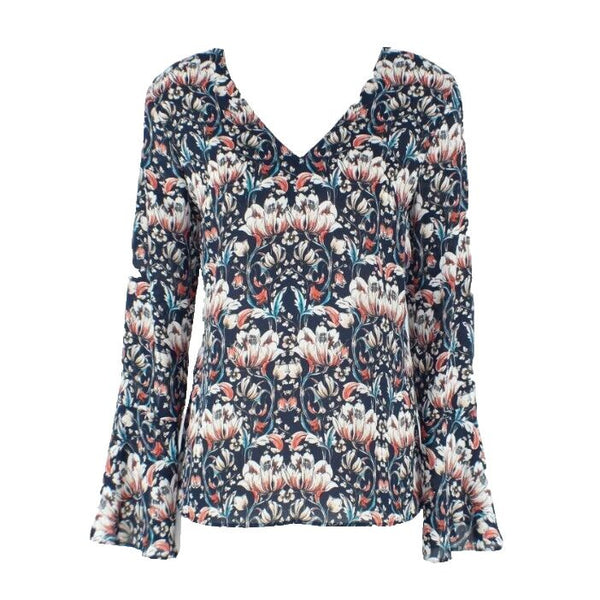 Banana Republic Sz XS Navy Coral Cream Teal Vented Bell Cuff Poly Crepe Top