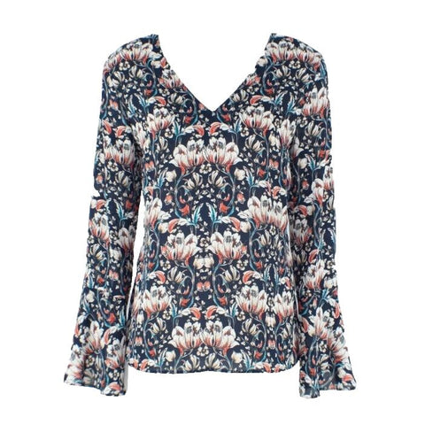 Banana Republic Sz XS Navy Coral Cream Teal Vented Bell Cuff Poly Crepe Top