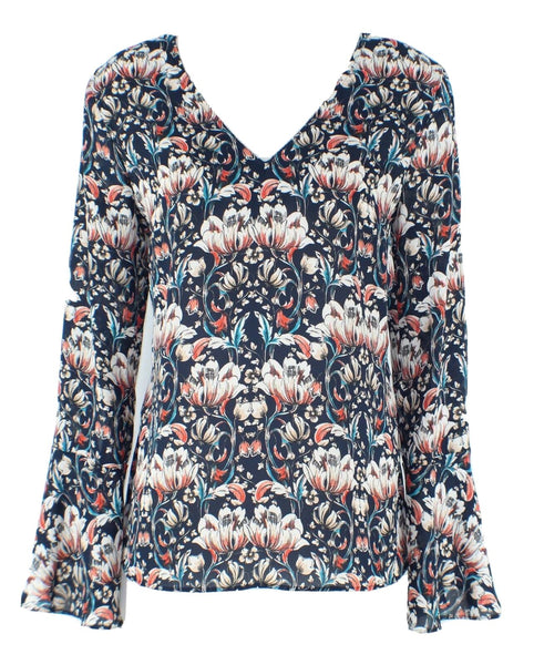 Banana Republic Sz XS Navy Coral Cream Teal Vented Bell Cuff Poly Crepe Top