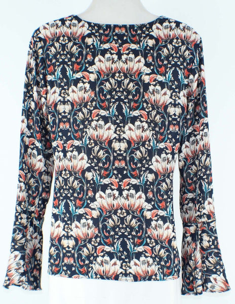 Banana Republic Sz XS Navy Coral Cream Teal Vented Bell Cuff Poly Crepe Top