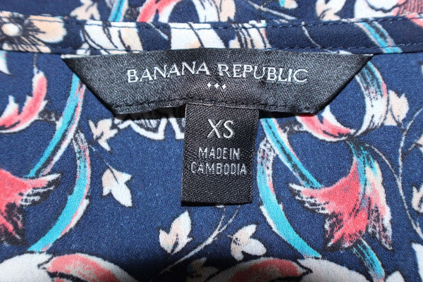 Banana Republic Sz XS Navy Coral Cream Teal Vented Bell Cuff Poly Crepe Top
