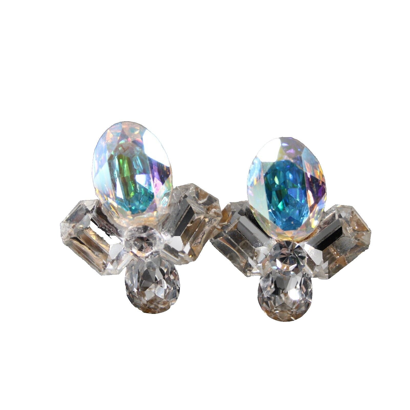 Wendy Gell Silver Aurora Cluster Rhinestones 1.75" Clip On Earrings
