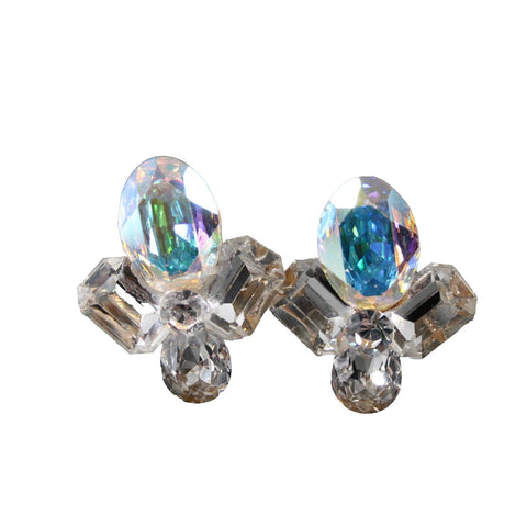 Wendy Gell Silver Aurora Cluster Rhinestones 1.75" Clip On Earrings