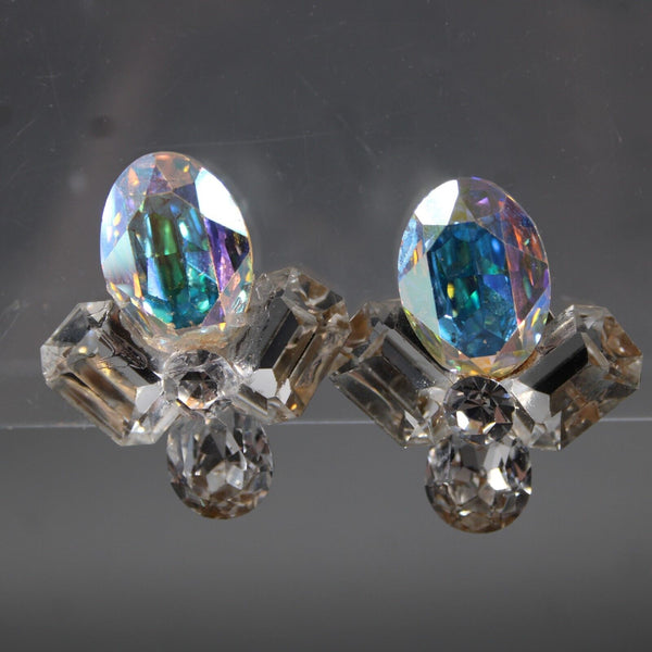 Wendy Gell Silver Aurora Cluster Rhinestones 1.75" Clip On Earrings