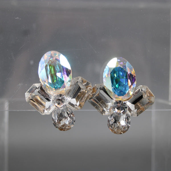 Wendy Gell Silver Aurora Cluster Rhinestones 1.75" Clip On Earrings