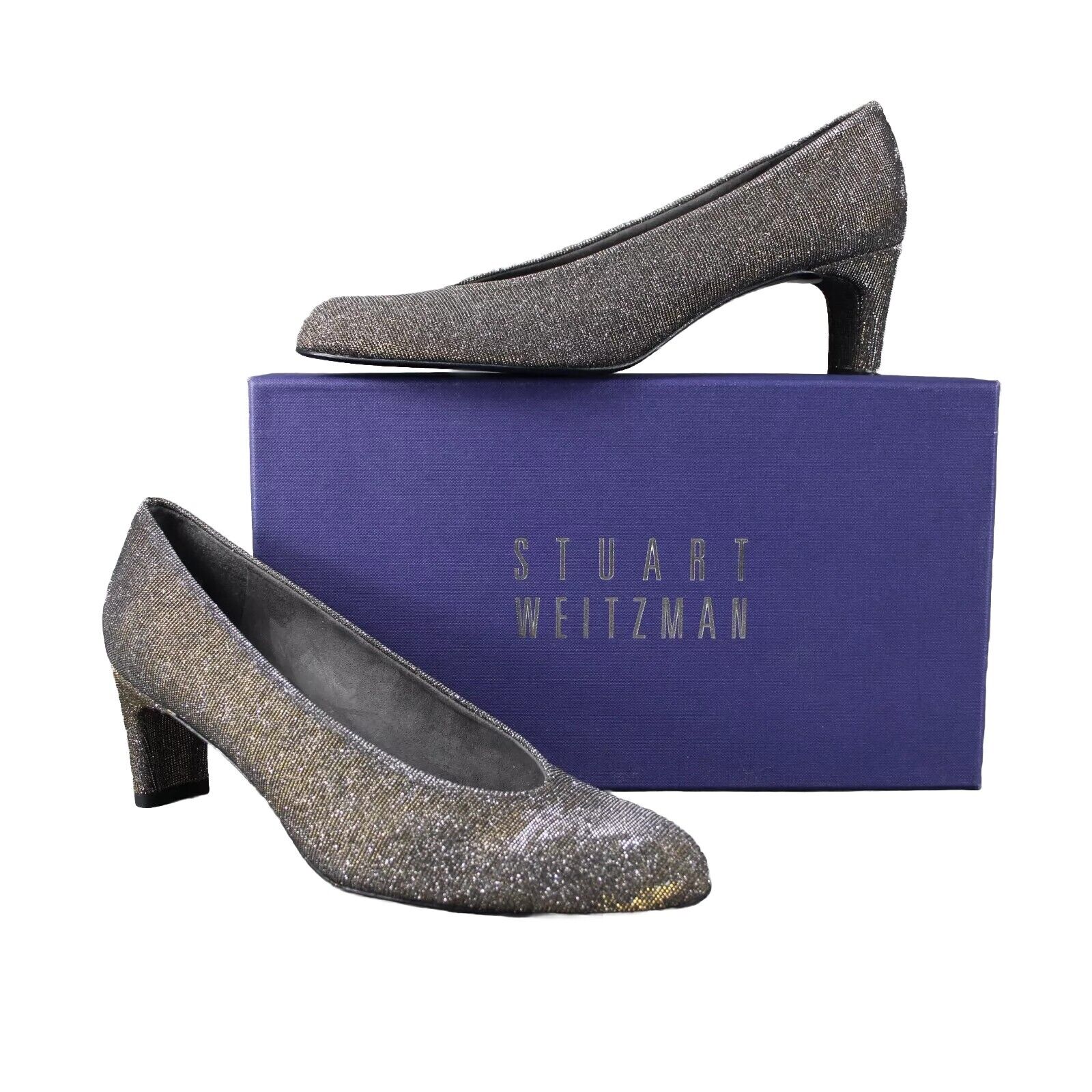 Stuart Weitzman Sz 8 N Silver Gold Sparkle Chic Pump Closed Toe 2.5" Heels