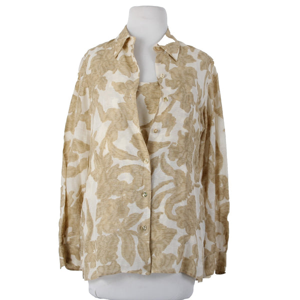 Dana Buchman Top Set Sz 2 Tan White Twin Set Collar Silk Linen Tank And Top Set