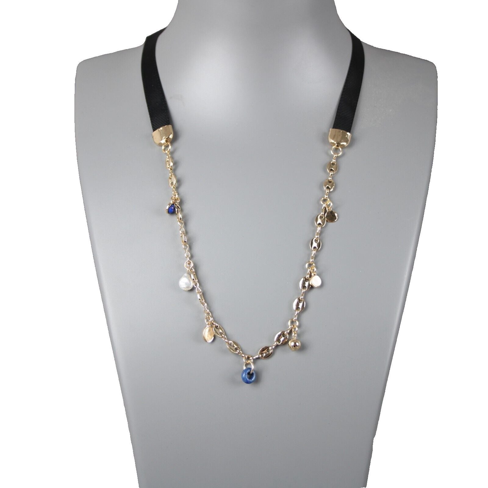 Loft NEW Goldtone Black Ribbon Lapis Faux Pearl Necklace
