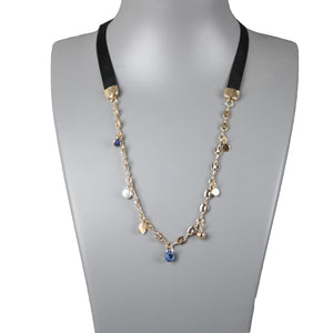 Loft NEW Goldtone Black Ribbon Lapis Faux Pearl Necklace
