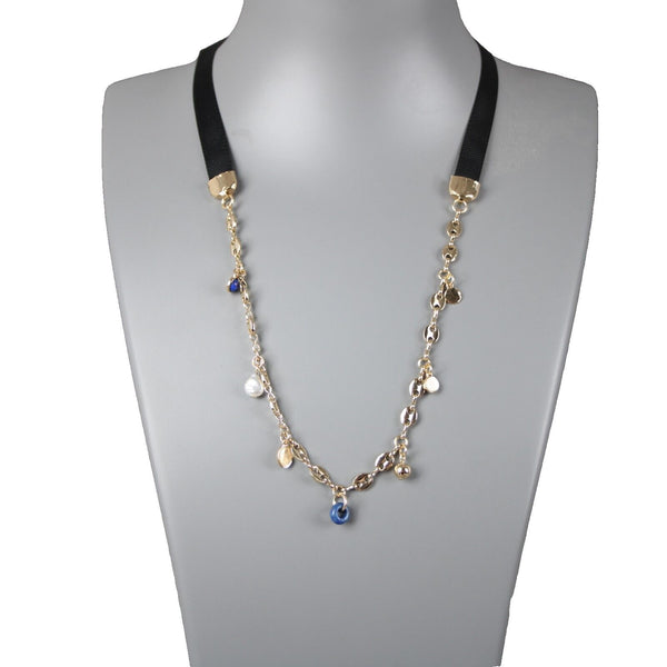 Loft NEW Goldtone Black Ribbon Lapis Faux Pearl Necklace