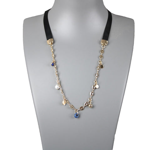Loft NEW Goldtone Black Ribbon Lapis Faux Pearl Necklace