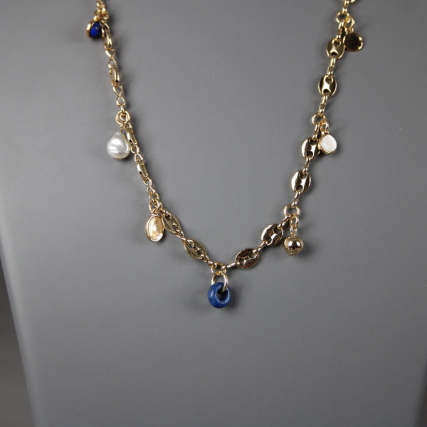 Loft NEW Goldtone Black Ribbon Lapis Faux Pearl Necklace