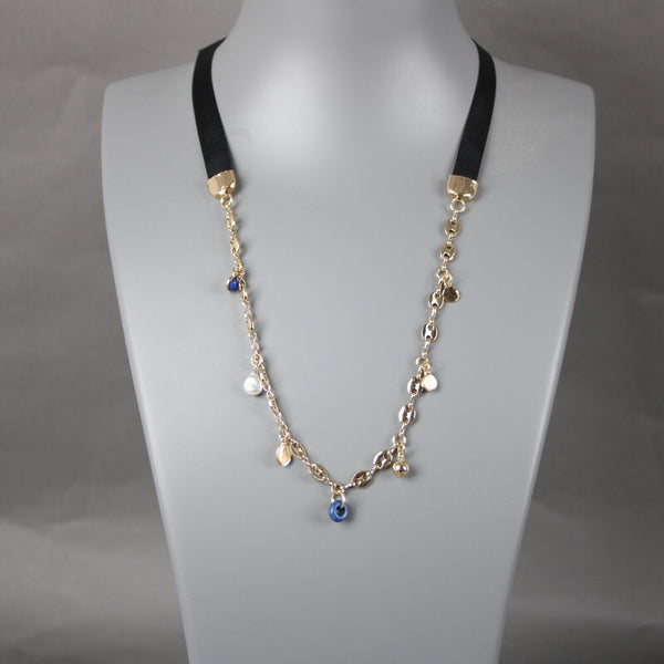Loft NEW Goldtone Black Ribbon Lapis Faux Pearl Necklace