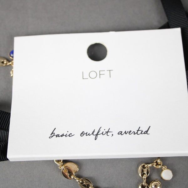 Loft NEW Goldtone Black Ribbon Lapis Faux Pearl Necklace