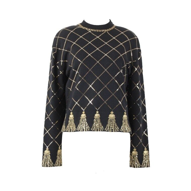 St John Evening Sz 6 Black Gold Paillettes Beaded Santana Knit AS IS Sweater