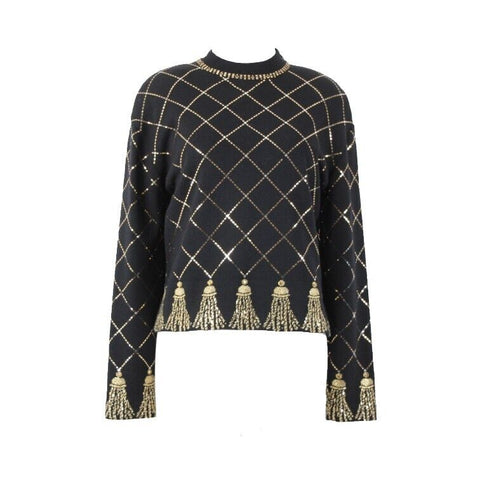 St John Evening Sz 6 Black Gold Paillettes Beaded Santana Knit AS IS Sweater