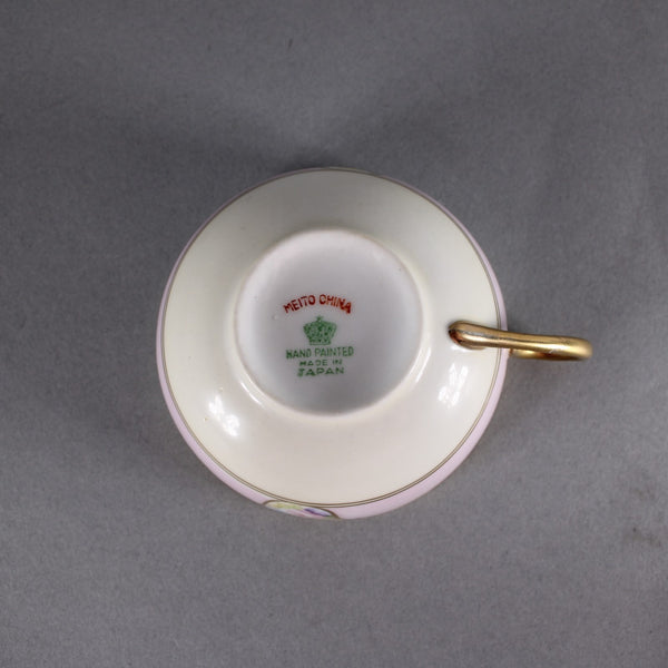 Meito Tea Cup With Saucer 3 Pc Pink White Multi Color Floral Hand Painted Japan