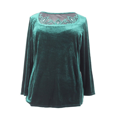 Bob Mackie Top NEW Sz XL Green Black Velour Embroidered Polyester Spandex Top