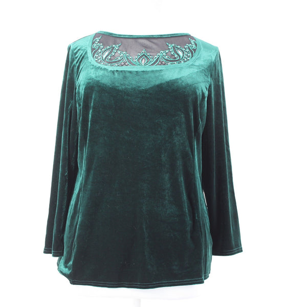 Bob Mackie Top NEW Sz XL Green Black Velour Embroidered Polyester Spandex Top