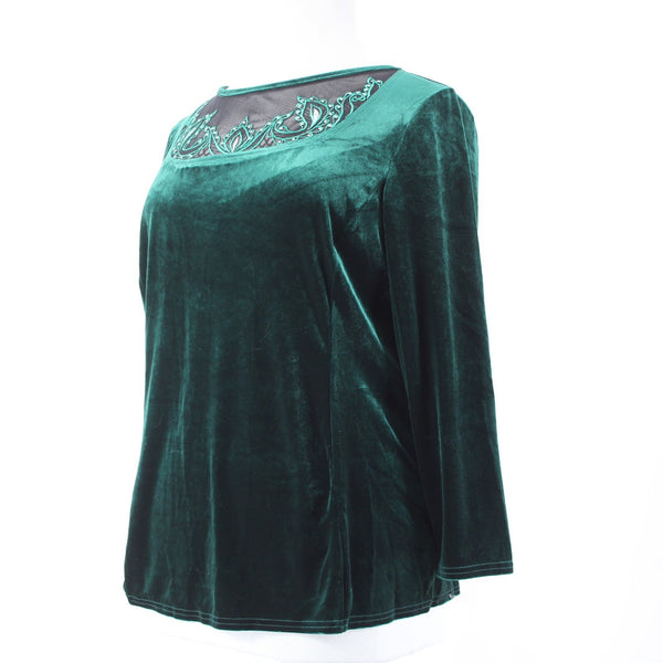 Bob Mackie Top NEW Sz XL Green Black Velour Embroidered Polyester Spandex Top