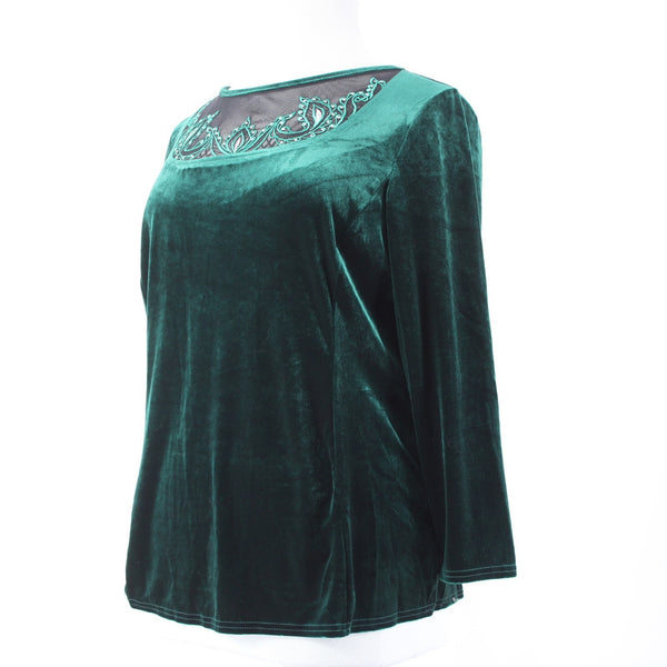 Bob Mackie Top NEW Sz XL Green Black Velour Embroidered Polyester Spandex Top