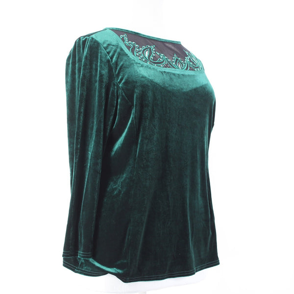 Bob Mackie Top NEW Sz XL Green Black Velour Embroidered Polyester Spandex Top