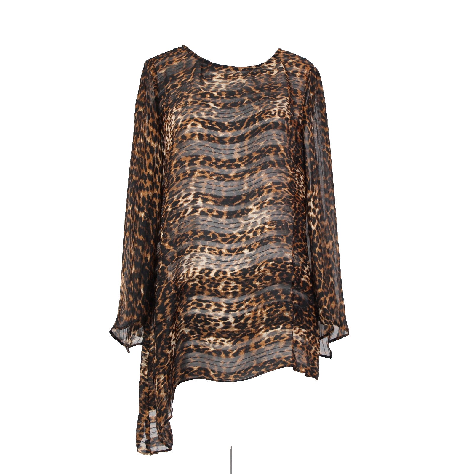 Simonton Says Sz S Brown Tan Animal Print Sheer Asymmetrical 100% Polyester Top