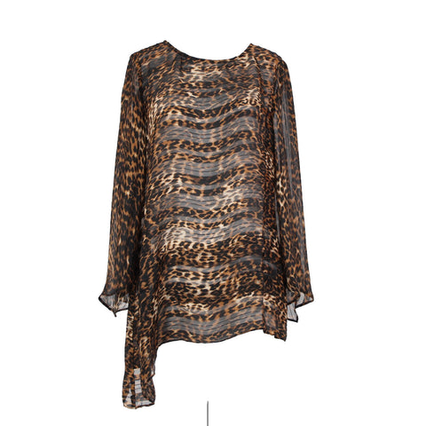 Simonton Says Sz S Brown Tan Animal Print Sheer Asymmetrical 100% Polyester Top