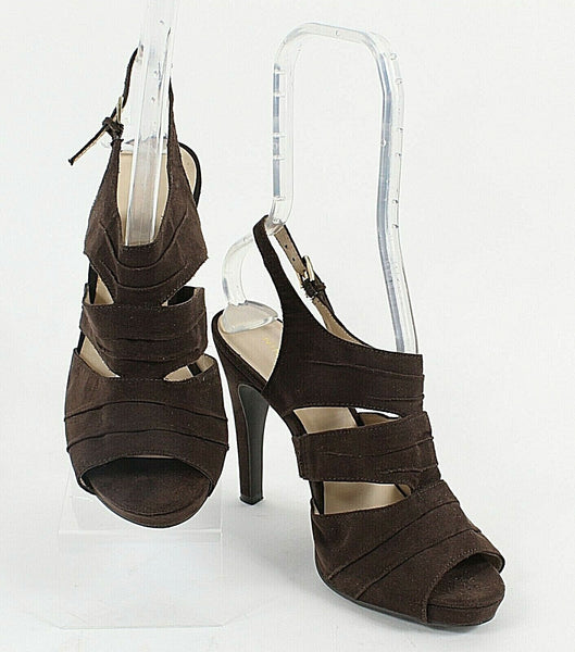 Nine West Sz 7M Brown Cage High Heel Slingback Vegan Suede 4.5" Heels