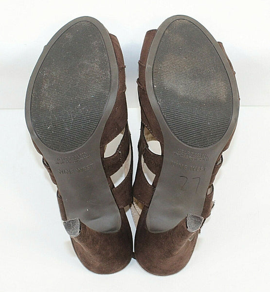 Nine West Sz 7M Brown Cage High Heel Slingback Vegan Suede 4.5" Heels