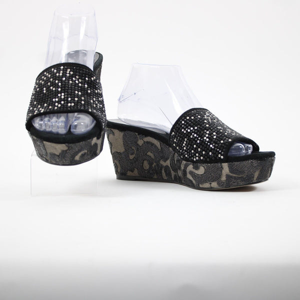 Donald J Pliner Sz 9.5 M Black Silver Rhinestones Lace Sequin Slip On 3" Wedge