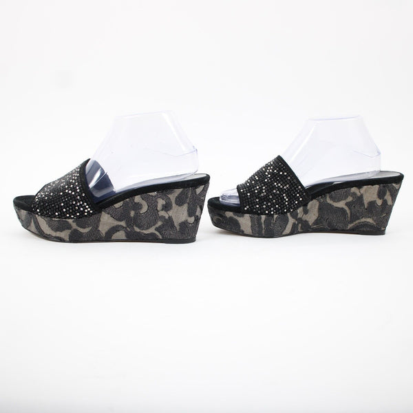 Donald J Pliner Sz 9.5 M Black Silver Rhinestones Lace Sequin Slip On 3" Wedge