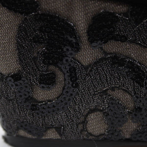 Donald J Pliner Sz 9.5 M Black Silver Rhinestones Lace Sequin Slip On 3" Wedge