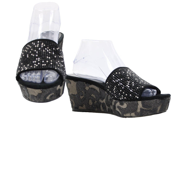 Donald J Pliner Sz 9.5 M Black Silver Rhinestones Lace Sequin Slip On 3" Wedge