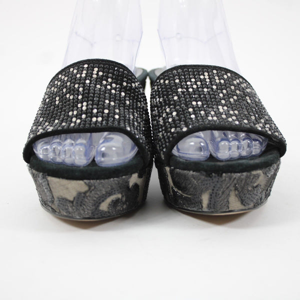 Donald J Pliner Sz 9.5 M Black Silver Rhinestones Lace Sequin Slip On 3" Wedge