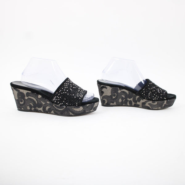 Donald J Pliner Sz 9.5 M Black Silver Rhinestones Lace Sequin Slip On 3" Wedge