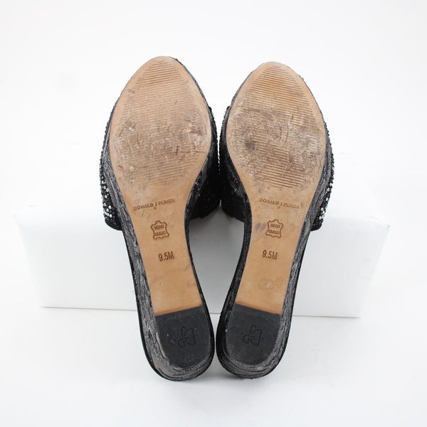 Donald J Pliner Sz 9.5 M Black Silver Rhinestones Lace Sequin Slip On 3" Wedge