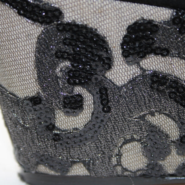 Donald J Pliner Sz 9.5 M Black Silver Rhinestones Lace Sequin Slip On 3" Wedge