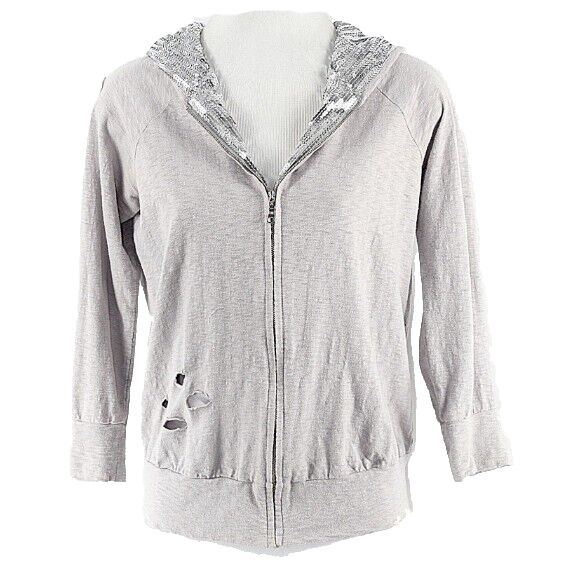 213 Sz M Silver Sequin Gray Distressed Destroyed Cotton Zip Hoodie Jacket