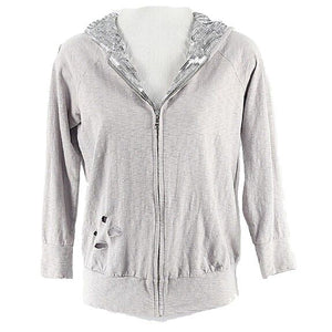 213 Sz M Silver Sequin Gray Distressed Destroyed Cotton Zip Hoodie Jacket