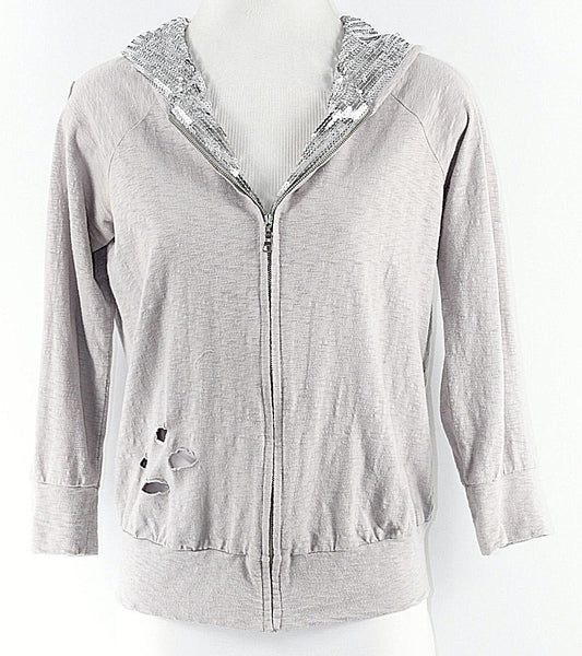 213 Sz M Silver Sequin Gray Distressed Destroyed Cotton Zip Hoodie Jacket