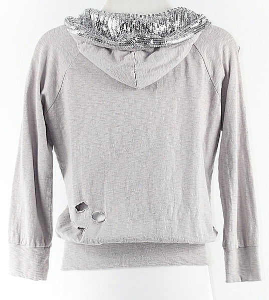 213 Sz M Silver Sequin Gray Distressed Destroyed Cotton Zip Hoodie Jacket