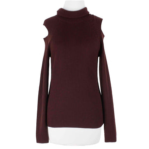 Theory NEW $113 Sz L Burgundy Ribbed Turtleneck Cold Shoulder Knit Top