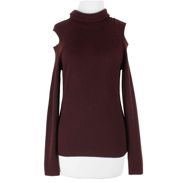 Theory NEW $113 Sz L Burgundy Ribbed Turtleneck Cold Shoulder Knit Top