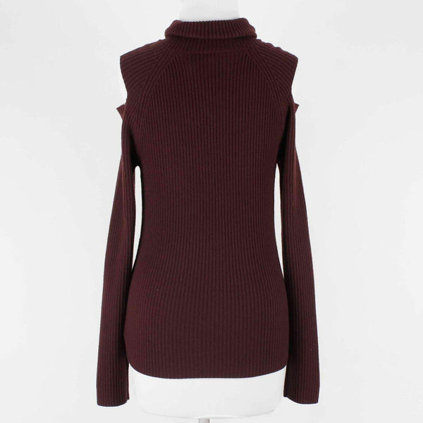 Theory NEW $113 Sz L Burgundy Ribbed Turtleneck Cold Shoulder Knit Top