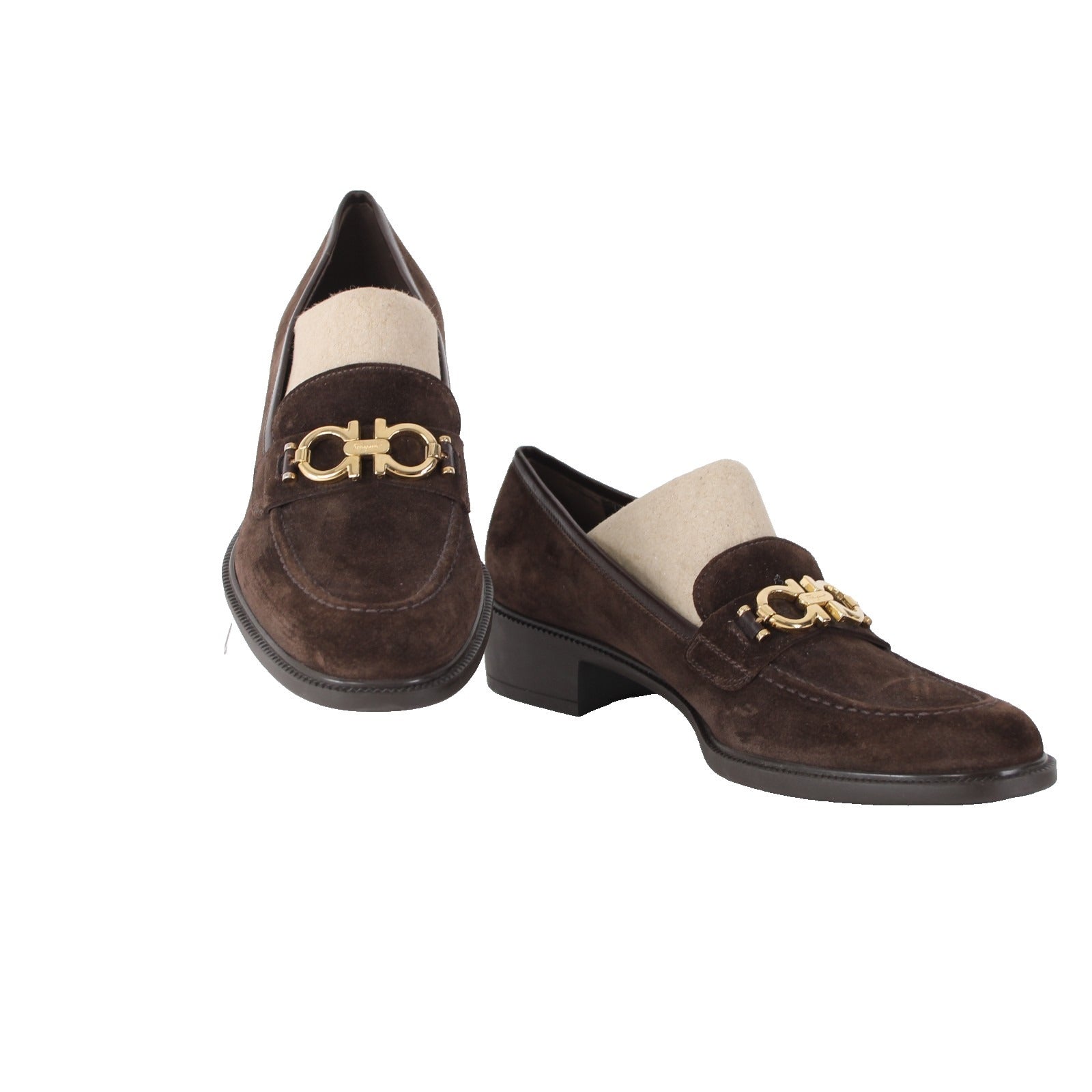 Ferragamo Heel Sz 7 A Brown Gold Hardware Slip On Closed Toe Suede Leather 1"