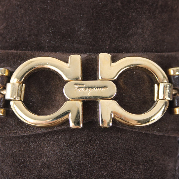 Ferragamo Heel Sz 7 A Brown Gold Hardware Slip On Closed Toe Suede Leather 1"