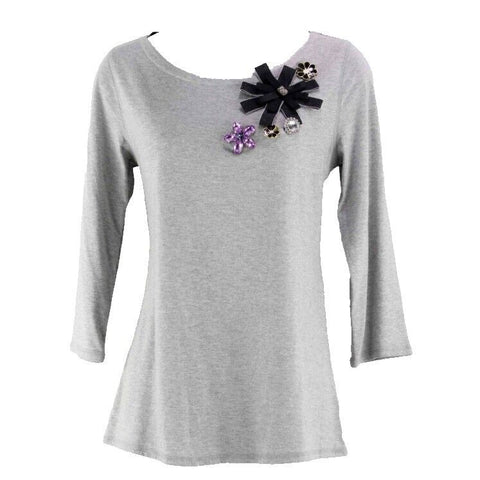 Isaac Mizrahi Sz XS Gray Cotton Modal Blend Ribbon Applique Rhinestones Top